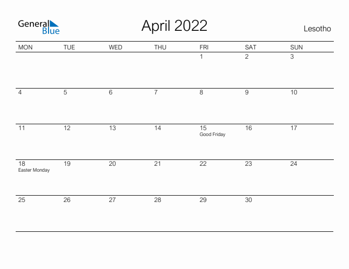 Printable April 2022 Calendar for Lesotho