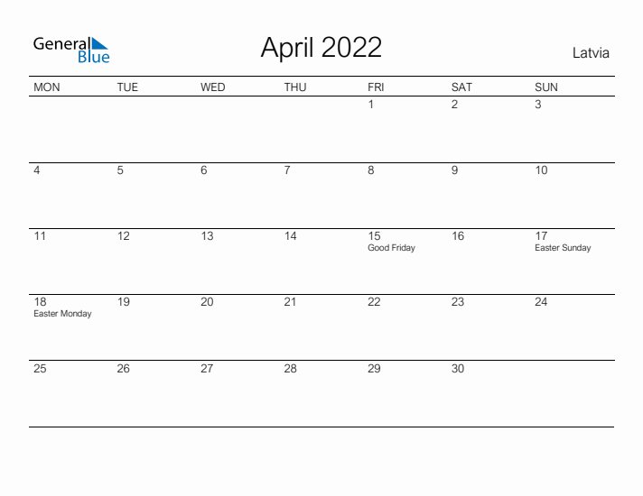 Printable April 2022 Calendar for Latvia