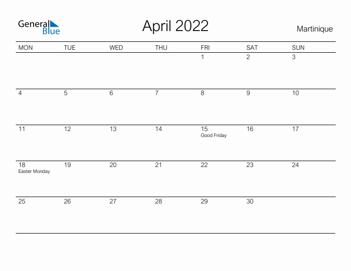 Printable April 2022 Calendar for Martinique