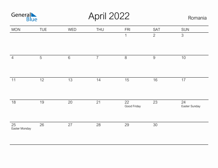 Printable April 2022 Calendar for Romania