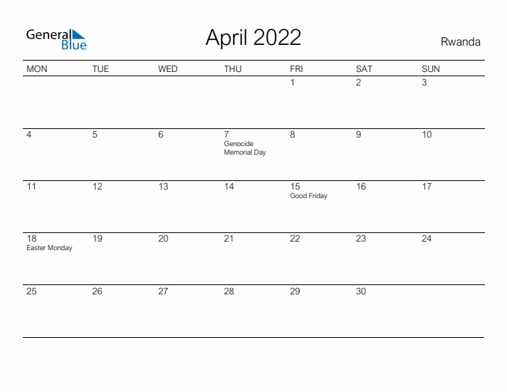 Printable April 2022 Calendar for Rwanda