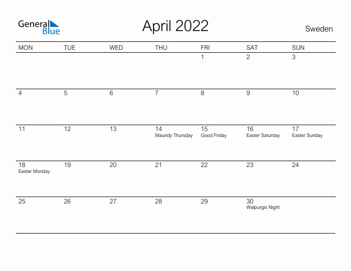 Printable April 2022 Calendar for Sweden