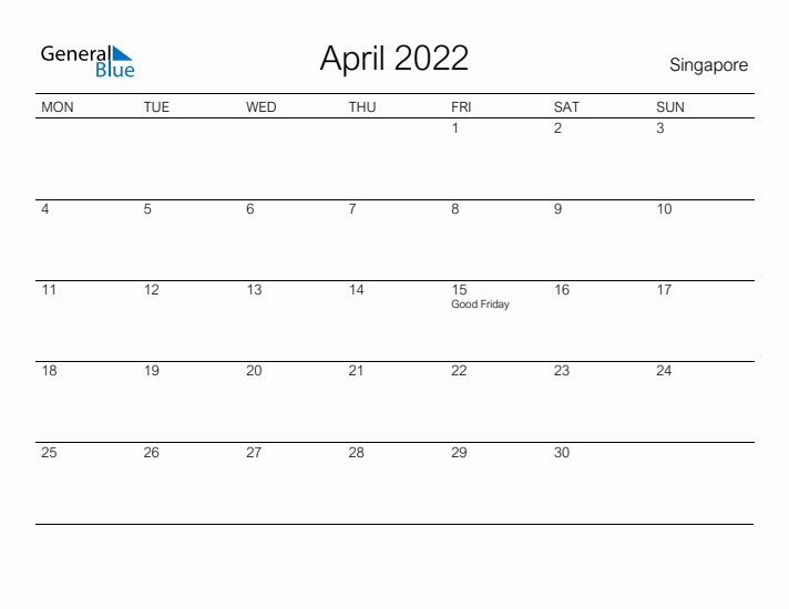 Printable April 2022 Calendar for Singapore