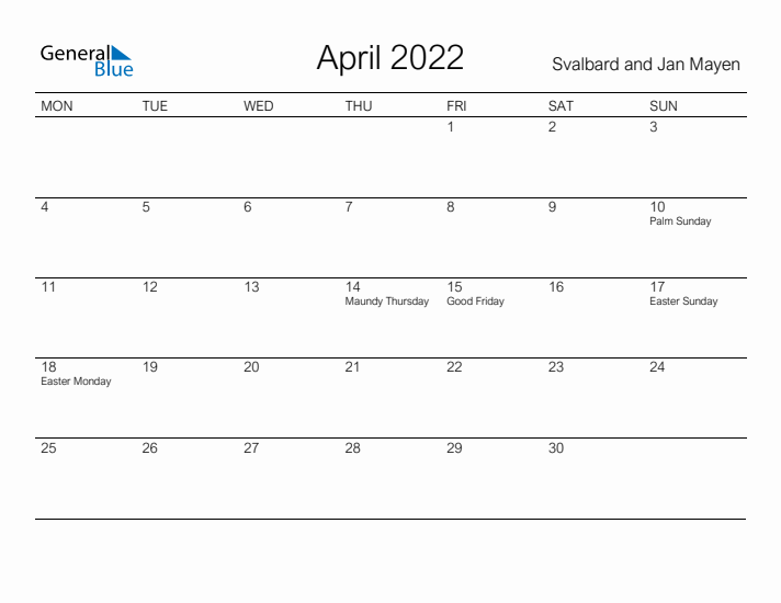 Printable April 2022 Calendar for Svalbard and Jan Mayen