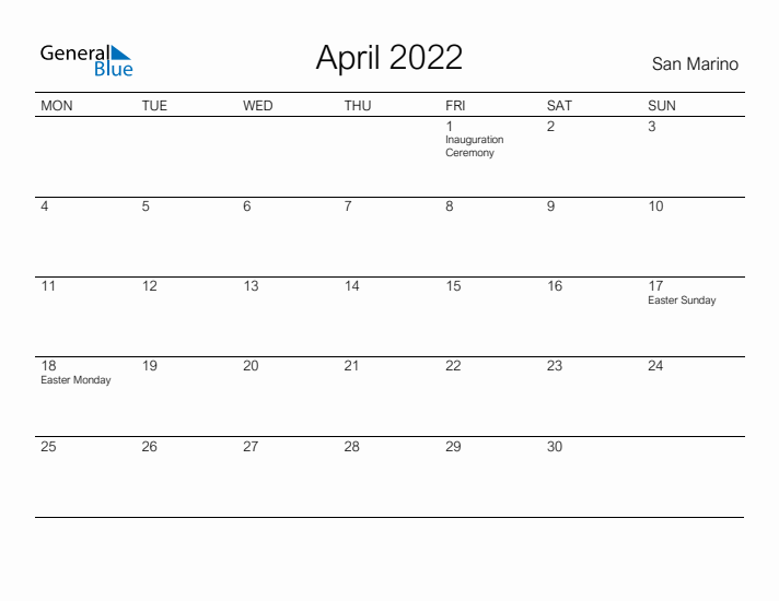 Printable April 2022 Calendar for San Marino