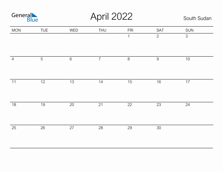 Printable April 2022 Calendar for South Sudan