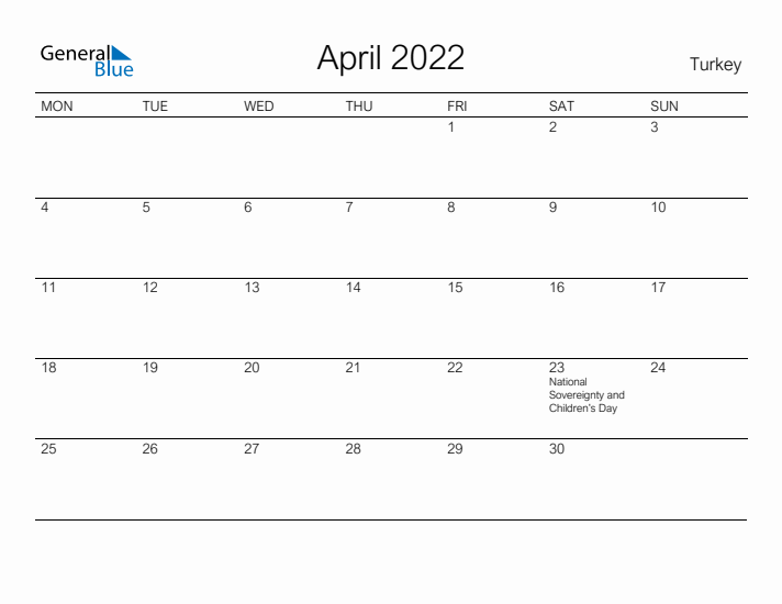 Printable April 2022 Calendar for Turkey