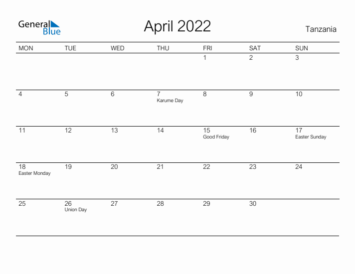 Printable April 2022 Calendar for Tanzania