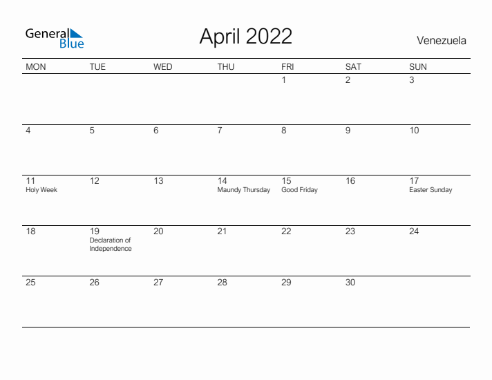 Printable April 2022 Calendar for Venezuela