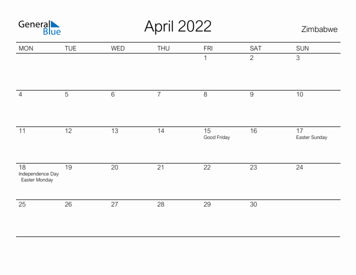 Printable April 2022 Calendar for Zimbabwe