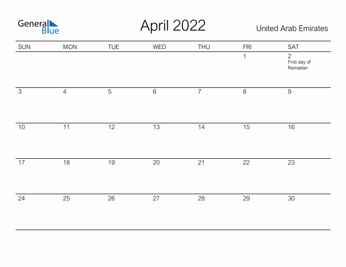 Printable April 2022 Calendar for United Arab Emirates