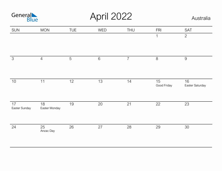 Printable April 2022 Calendar for Australia