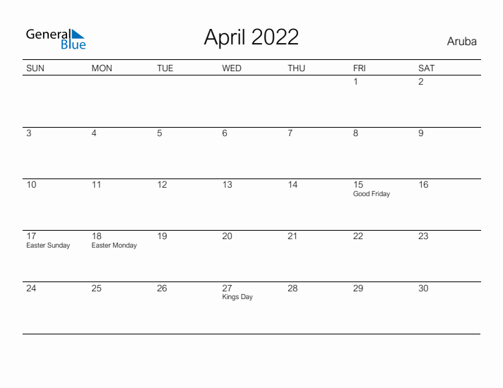 Printable April 2022 Calendar for Aruba