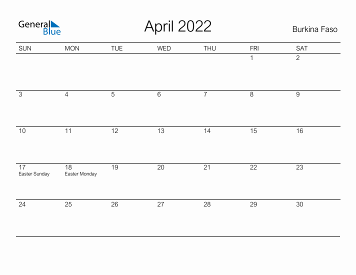 Printable April 2022 Calendar for Burkina Faso