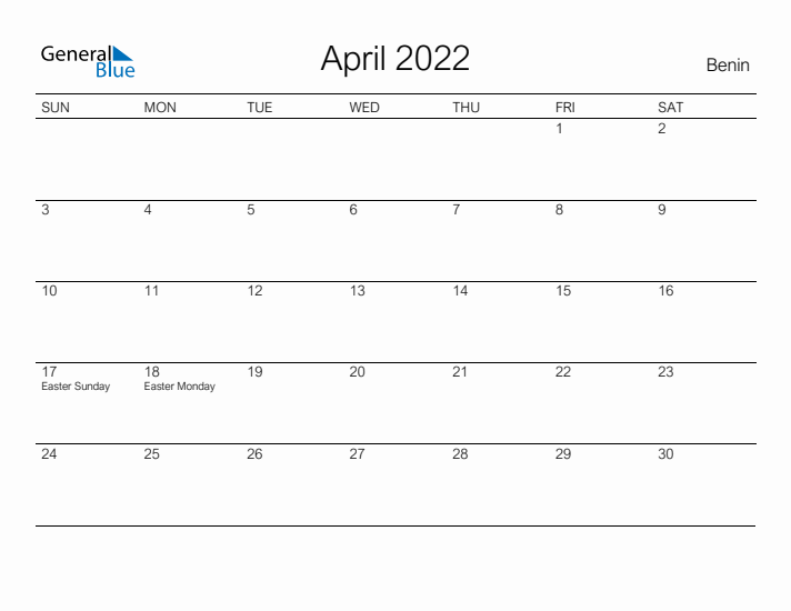 Printable April 2022 Calendar for Benin