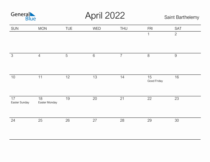 Printable April 2022 Calendar for Saint Barthelemy