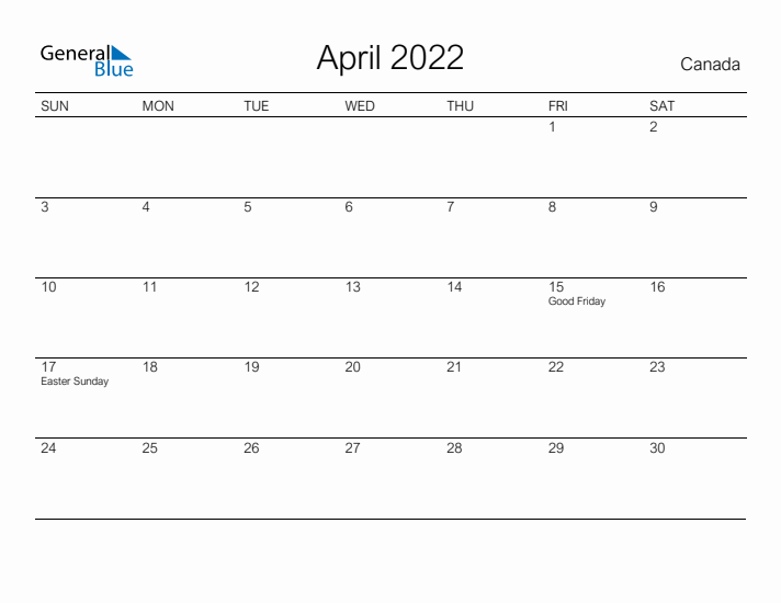 Printable April 2022 Calendar for Canada