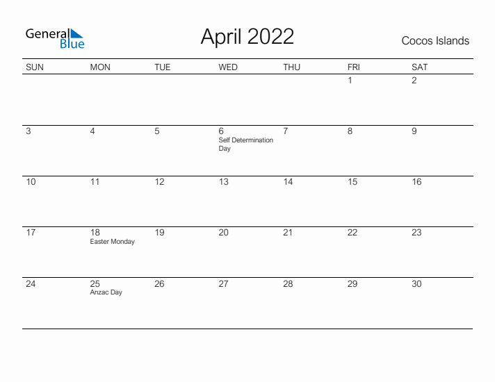 Printable April 2022 Calendar for Cocos Islands