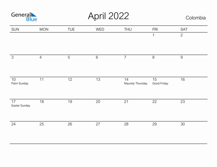 Printable April 2022 Calendar for Colombia