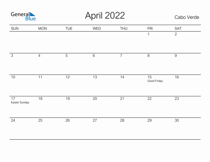 Printable April 2022 Calendar for Cabo Verde