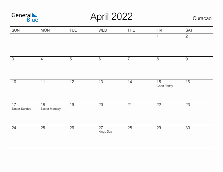 Printable April 2022 Calendar for Curacao