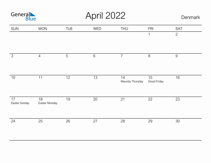 Printable April 2022 Calendar for Denmark