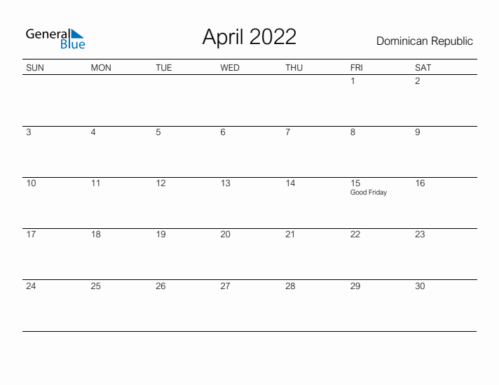 Printable April 2022 Calendar for Dominican Republic