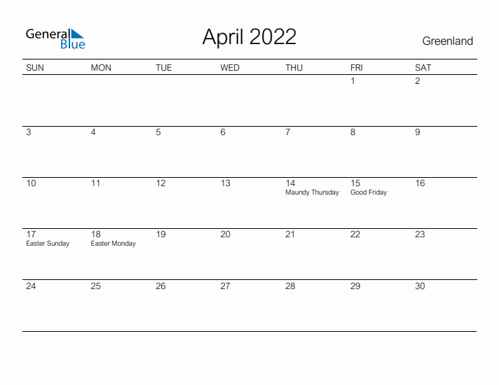 Printable April 2022 Calendar for Greenland