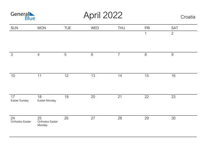 Printable April 2022 Calendar for Croatia