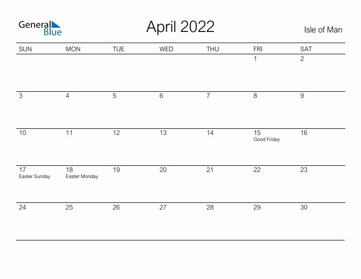 Printable April 2022 Calendar for Isle of Man