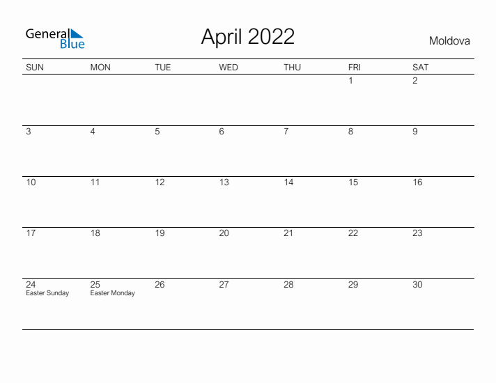 Printable April 2022 Calendar for Moldova