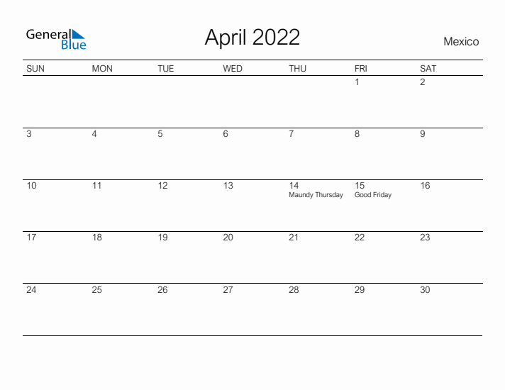 Printable April 2022 Calendar for Mexico