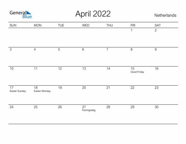 Printable April 2022 Calendar for The Netherlands