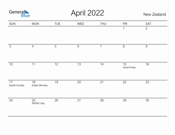 Printable April 2022 Calendar for New Zealand