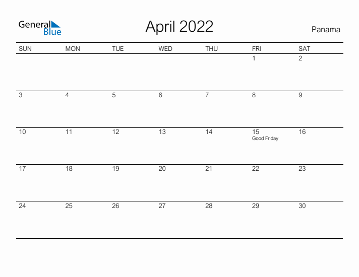 Printable April 2022 Calendar for Panama