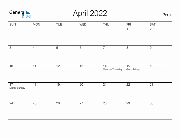 Printable April 2022 Calendar for Peru