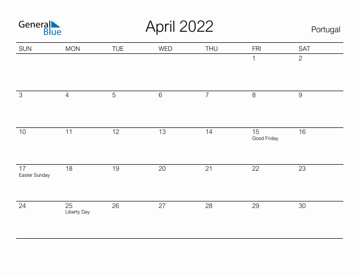 Printable April 2022 Calendar for Portugal