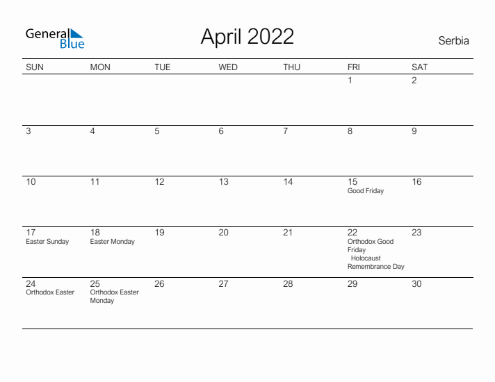 Printable April 2022 Calendar for Serbia