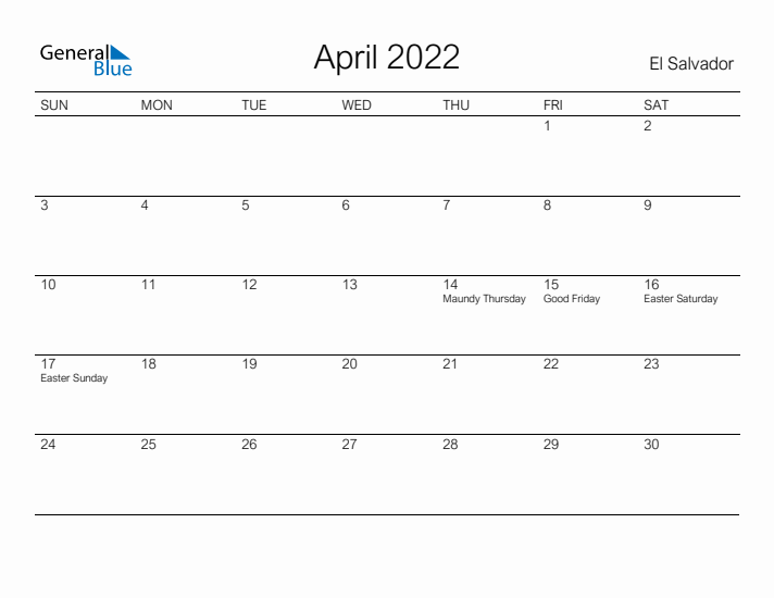 Printable April 2022 Calendar for El Salvador