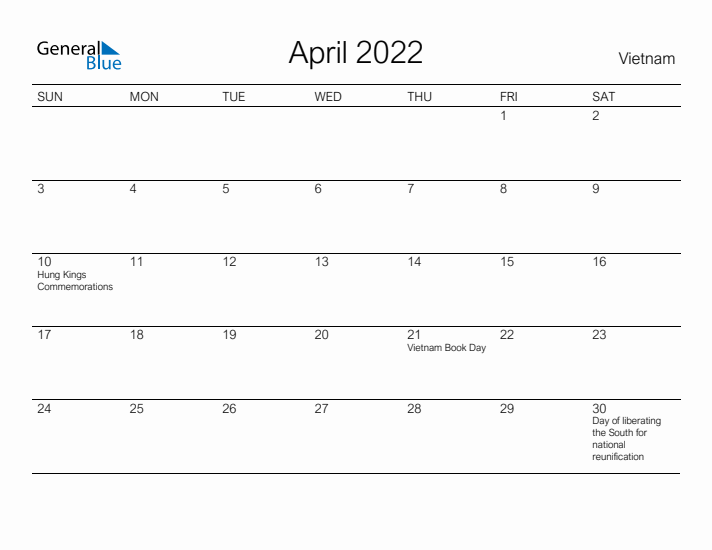 Printable April 2022 Calendar for Vietnam