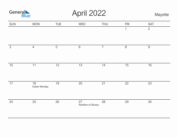 Printable April 2022 Calendar for Mayotte