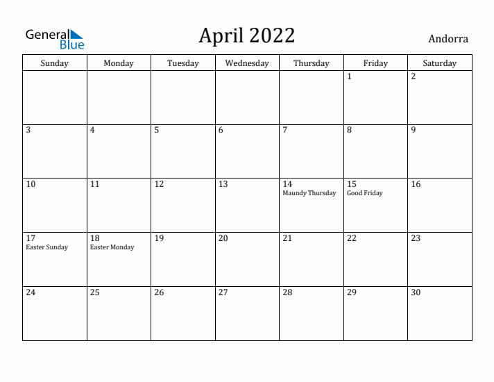 April 2022 Calendar Andorra