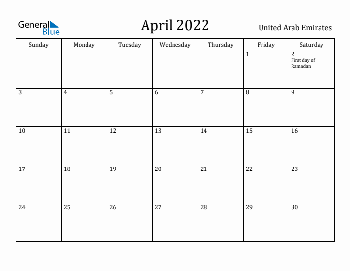 April 2022 Calendar United Arab Emirates