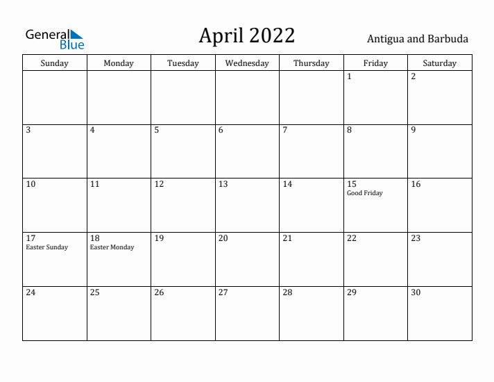 April 2022 Calendar Antigua and Barbuda