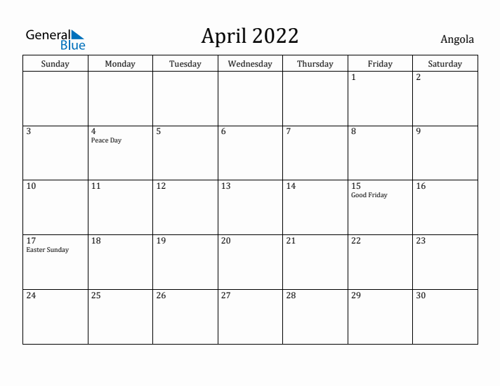 April 2022 Calendar Angola