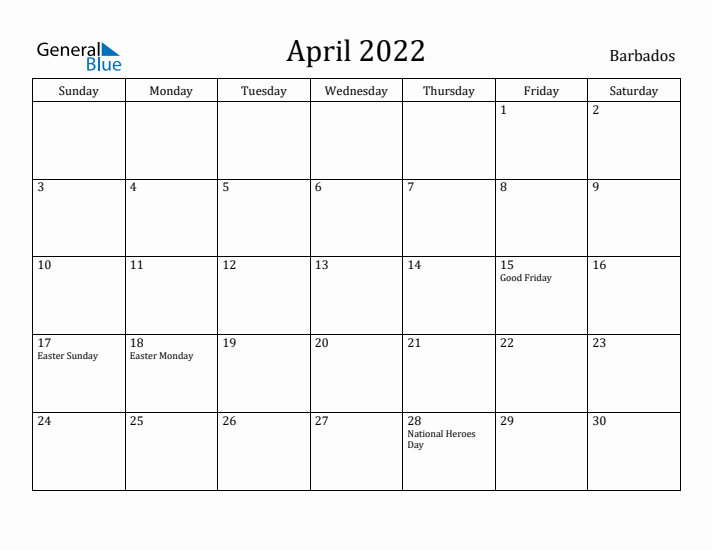 April 2022 Calendar Barbados