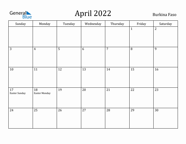 April 2022 Calendar Burkina Faso