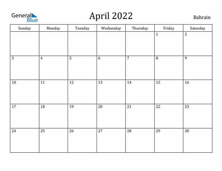 April 2022 Calendar Bahrain