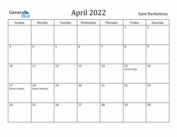 April 2022 Calendar Saint Barthelemy