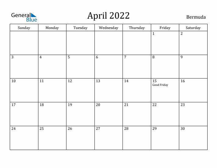 April 2022 Calendar Bermuda